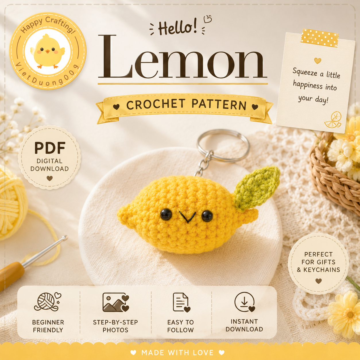 Lemon Amigurumi Keychain Crochet Pattern | Cute Fruit Keychain PDF Pattern | Easy Crochet Lemon Pattern | Beginner Amigurumi